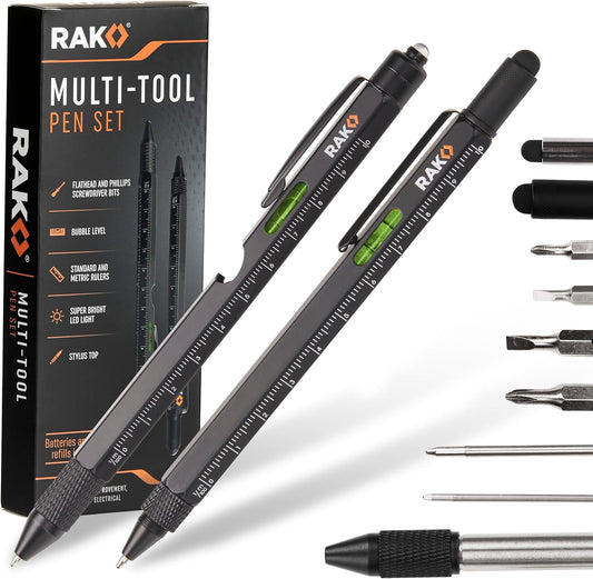 Multitool Pen 2-Pack - Multi-Tool Pens with LED Light, Flathead & Phillips Screwdrivers, Level, Ruler, Bottle Opener, and Stylus. Gift-Ready Box with Ink Refills & Batteries. Great for EDC.